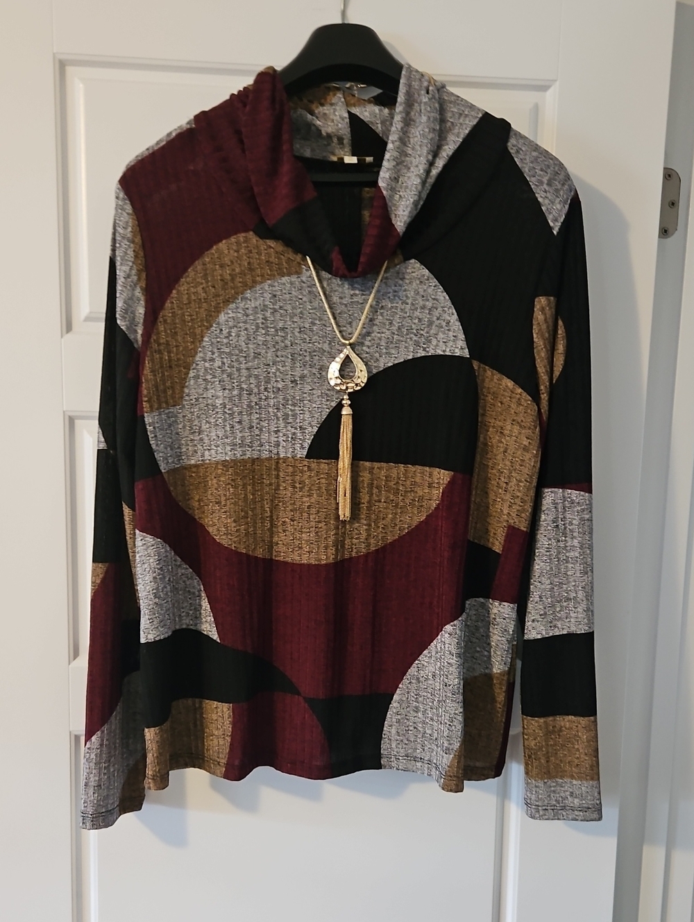 NEW Laura XXL Abstract Colorblock Cowl Neck Sweater in Burgundy/Gold/Black/Gray